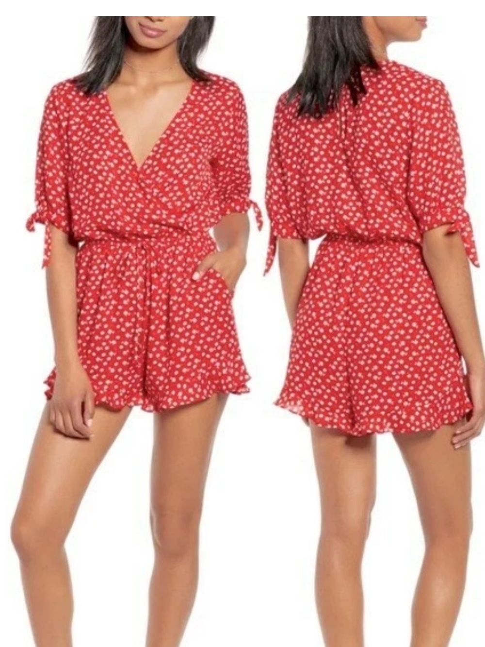 Kori Red Floral Romper with Tie Sleeves